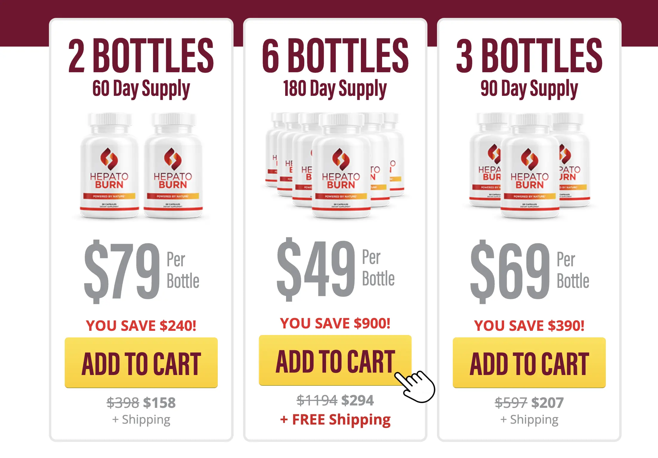 HepatoBurn pricing packages showing 30-day, 90-day, and 180-day supply options with best value savings